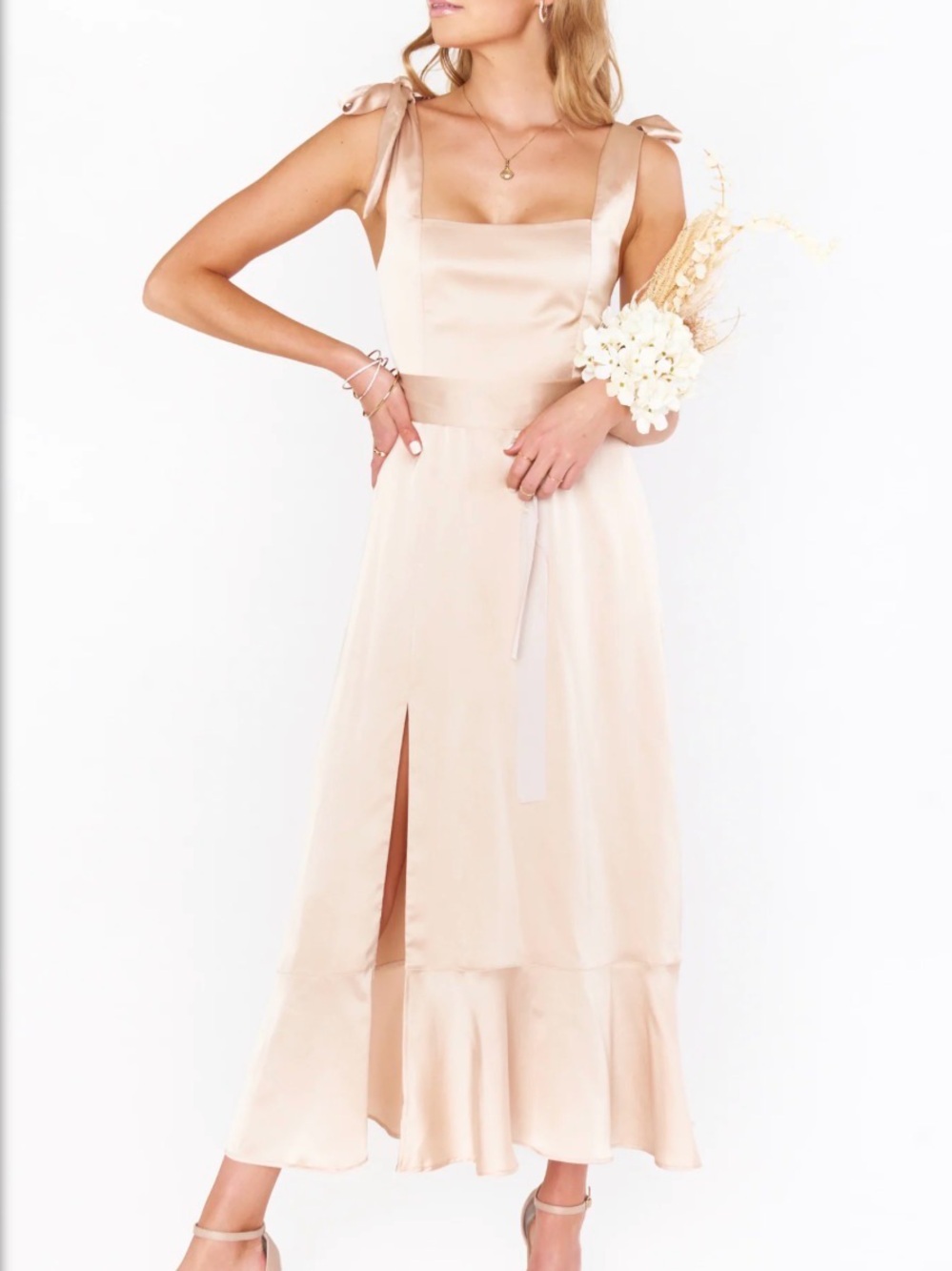Mumu Claire Midi Dress in Champagne Luxe Satin